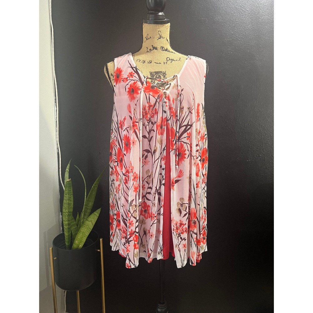 Avenue Floral Print Sleeveless Tunic Top Plus Size 26/28 Red Lined